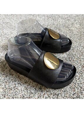 Tory Burch Patos Disk Platform Leather Slide Sandals Shoes Black Size 7